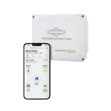 Phone and EnergyTrak unit appear side by side, showing the Simpliphi by Briggs & Stratton ET-GWY-10 EnergyTrak Battery Monitoring Device system
