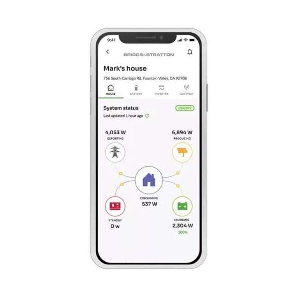 Phone screen shows home energy flow using the Simpliphi by Briggs & Stratton ET-GWY-10 EnergyTrak Battery Monitoring Device