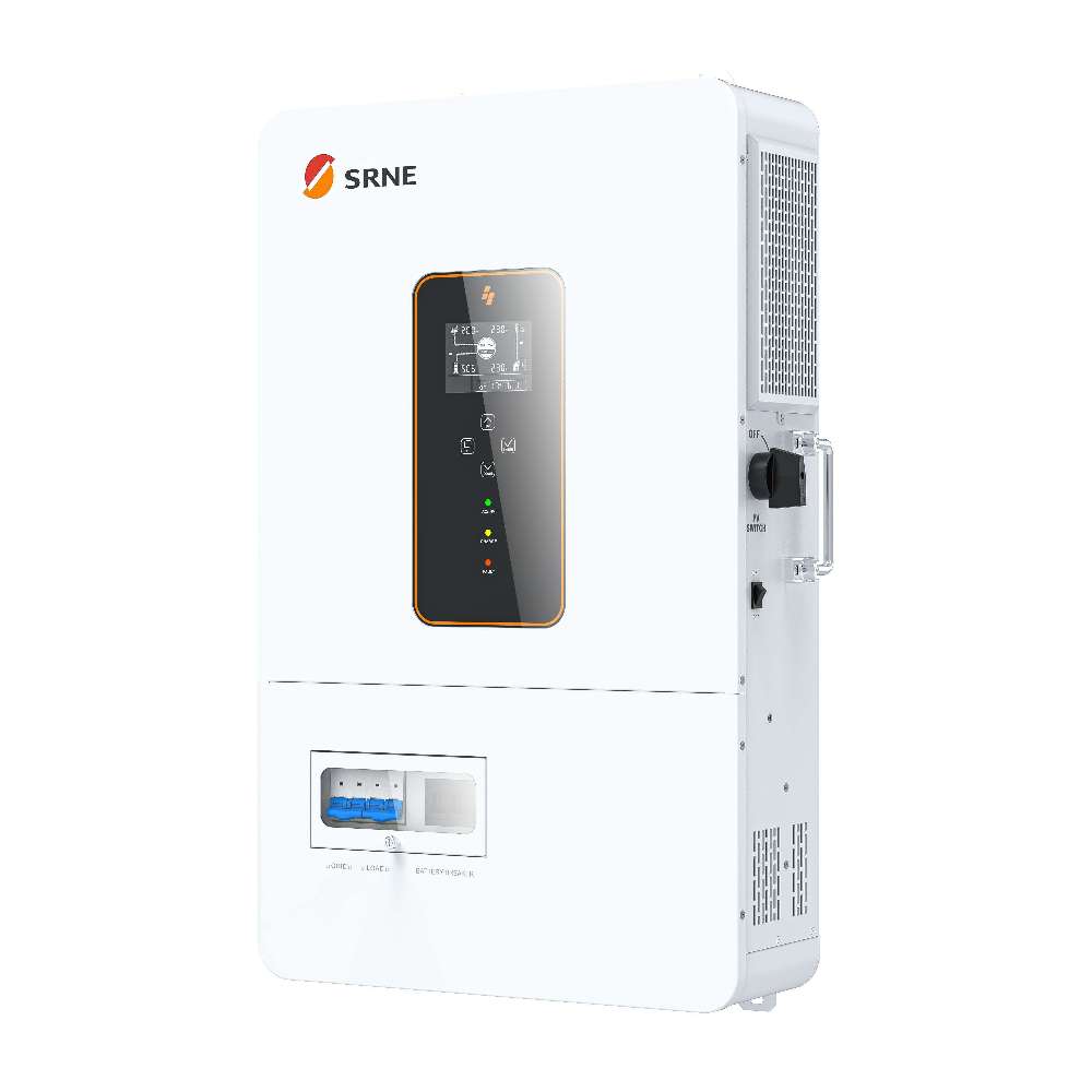 Front-right angled view of an SRNE 10KW 48V Split Phase Off-Grid Solar Inverter/Charger-ABP48100U200-H, highlighting its screen, control buttons, and vented side