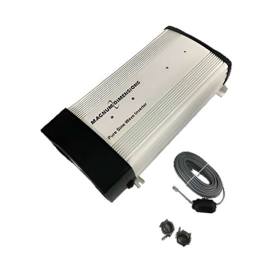 Power inverter with cables and accessories is shown, identified as the Magnum Energy CSW Series CSW2012-X 2000W 12VDC Pure Sine Wave Inverter