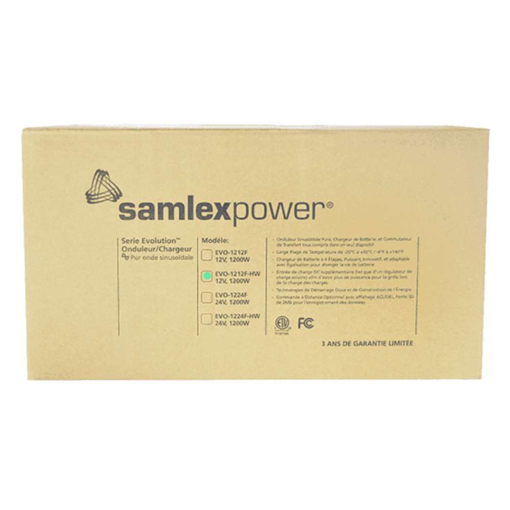 Product box for the Samlex America Evolution Series EVO-1212F-HW 1200 Watts 12VDC Pure Sine Inverter/Charger - Hardwired Unit with printed model and specification details