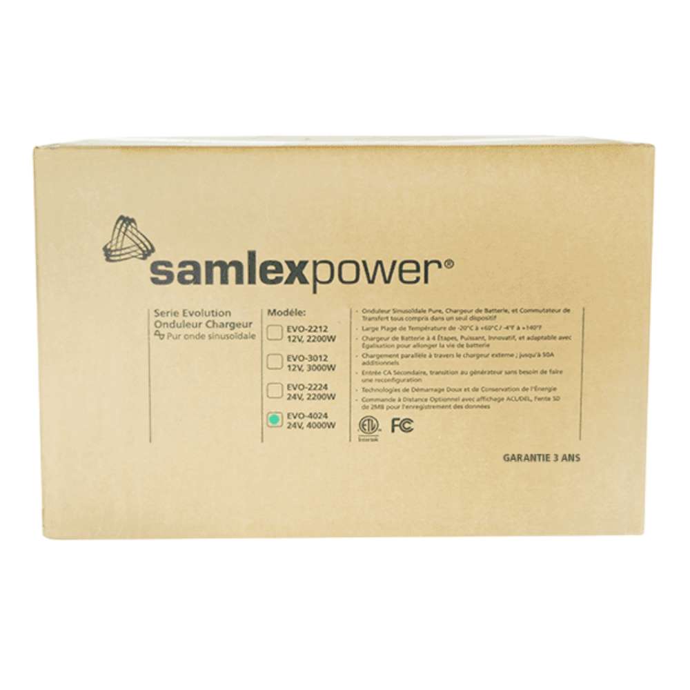 Product box for the Samlex America Evolution Series EVO-4024 4000 Watts 24VDC Pure Sine Inverter/Charger with model and specification labels