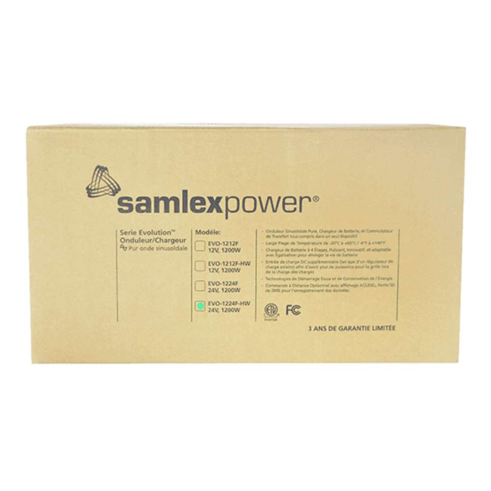Product label of the Samlex America Evolution Series EVO-1224F-HW 1200 Watts 24VDC Pure Sine Inverter/Charger - Hardwired Unit with model and electrical details