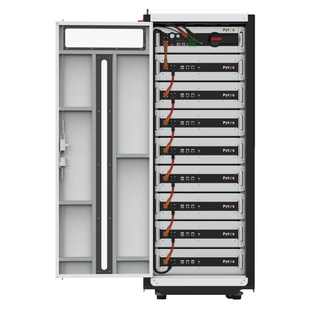 Pytes HV48100 Series 8 Space Battery Cabinet-150215100160 is displayed open with its internal battery modules and wiring visible in neat rows