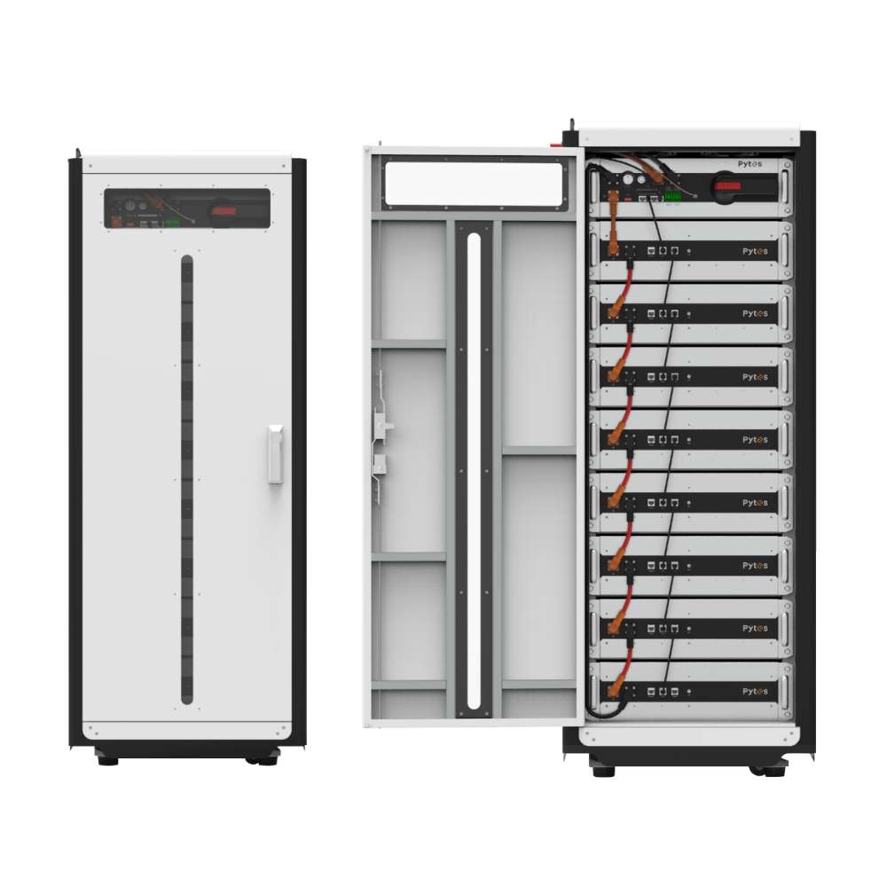 Pytes HV48100 Series 8 Space Battery Cabinet-150215100160 is shown both closed and open side-by-side, highlighting its exterior and interior battery racks