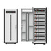 Pytes HV48100 Series 8 Space Battery Cabinet-150215100160 is shown both closed and open side-by-side, highlighting its exterior and interior battery racks