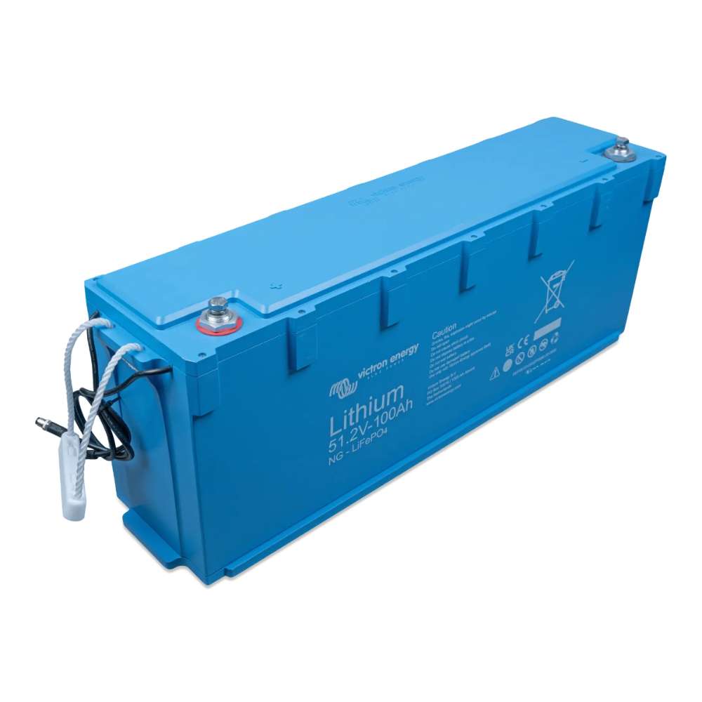 Rear-angled shot displays the battery’s top terminals and clean blue housing for the Victron Energy 51.2V 100Ah NG LiFePO4 Lithium Battery-BAT548110620