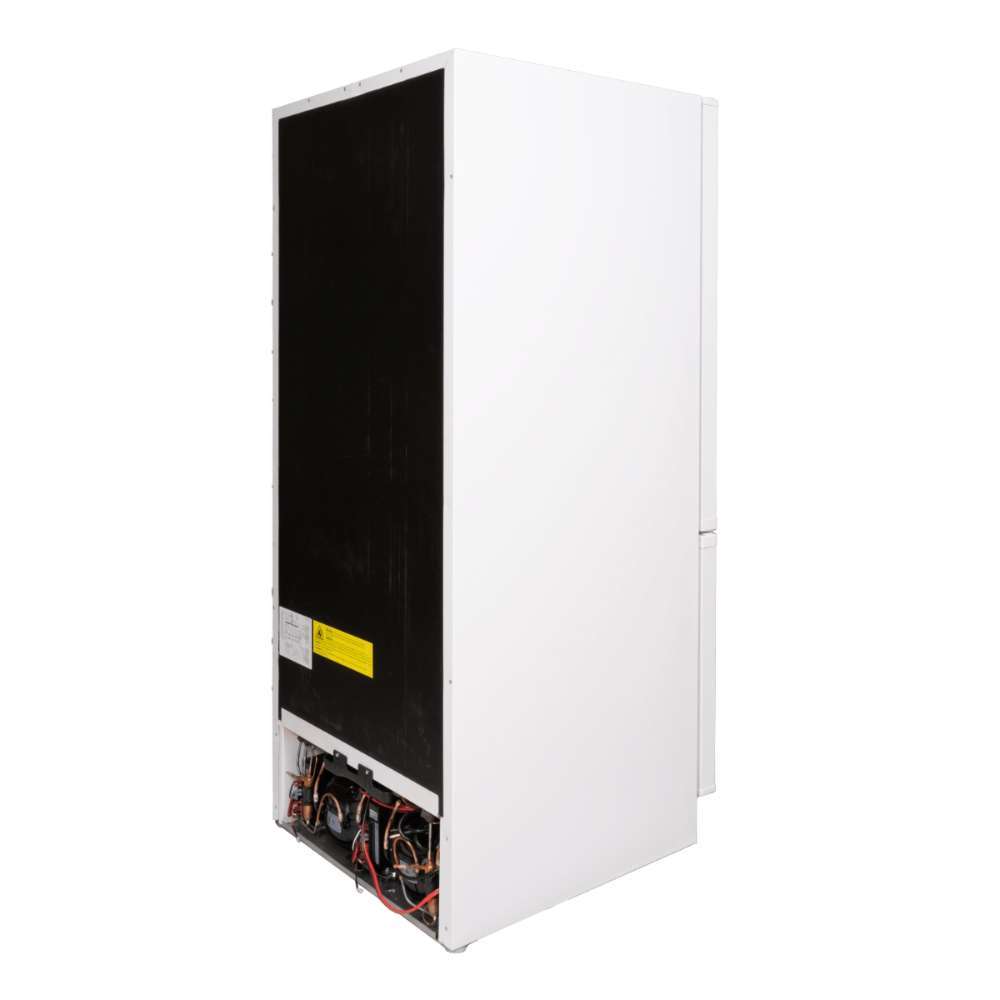 Rear angled view of SunStar ST-10RF-W 10 cu.ft. DC/AC Refrigerator - White, showing the back panel and exposed lower mechanical components