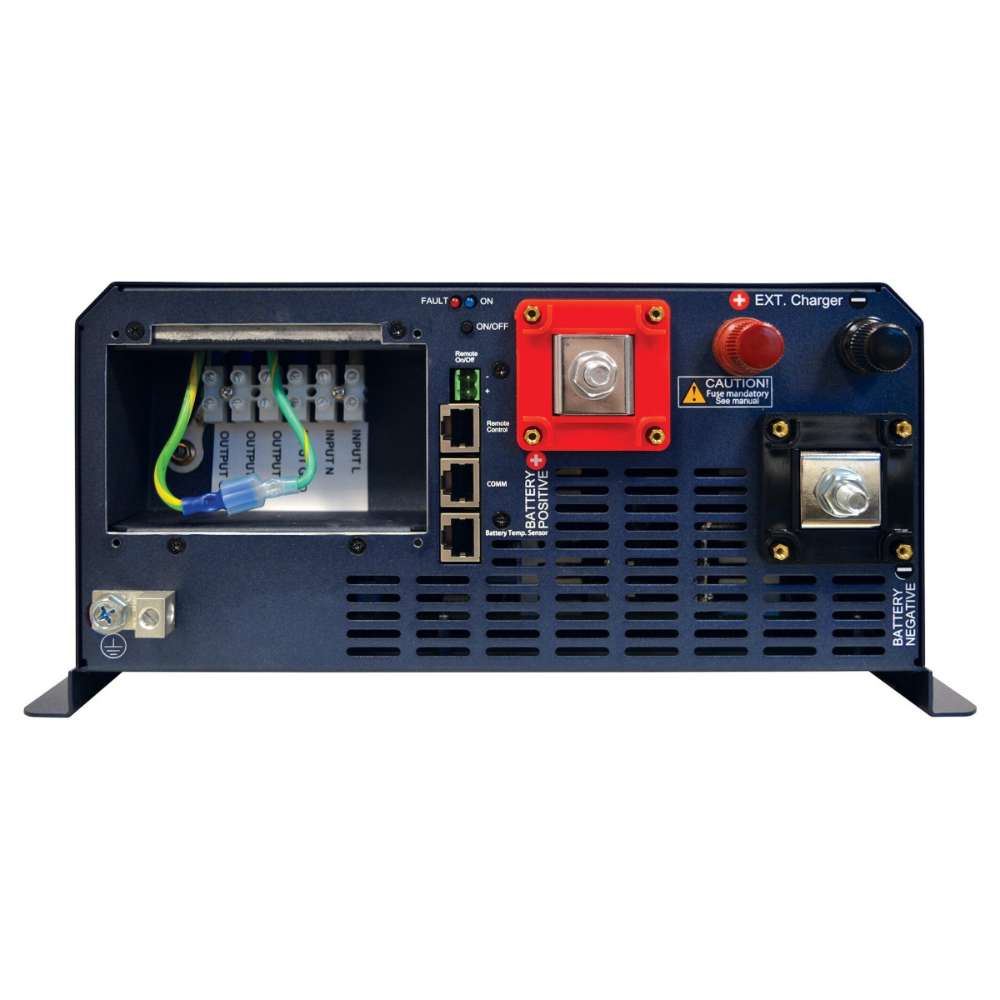 Rear connections of the Samlex America Evolution Series EVO-1224F-HW 1200 Watts 24VDC Pure Sine Inverter/Charger - Hardwired Unit, including battery terminals, ports, and indicator lights
