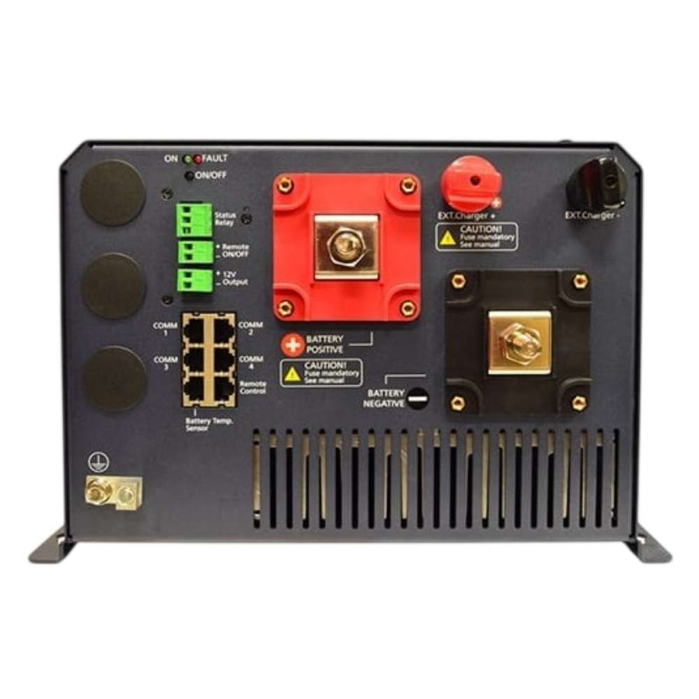 Rear panel of the Samlex America Evolution Series EVO-2224 2200 Watts 24VDC Pure Sine Inverter/Charger showing labeled battery terminals, ports, and switches