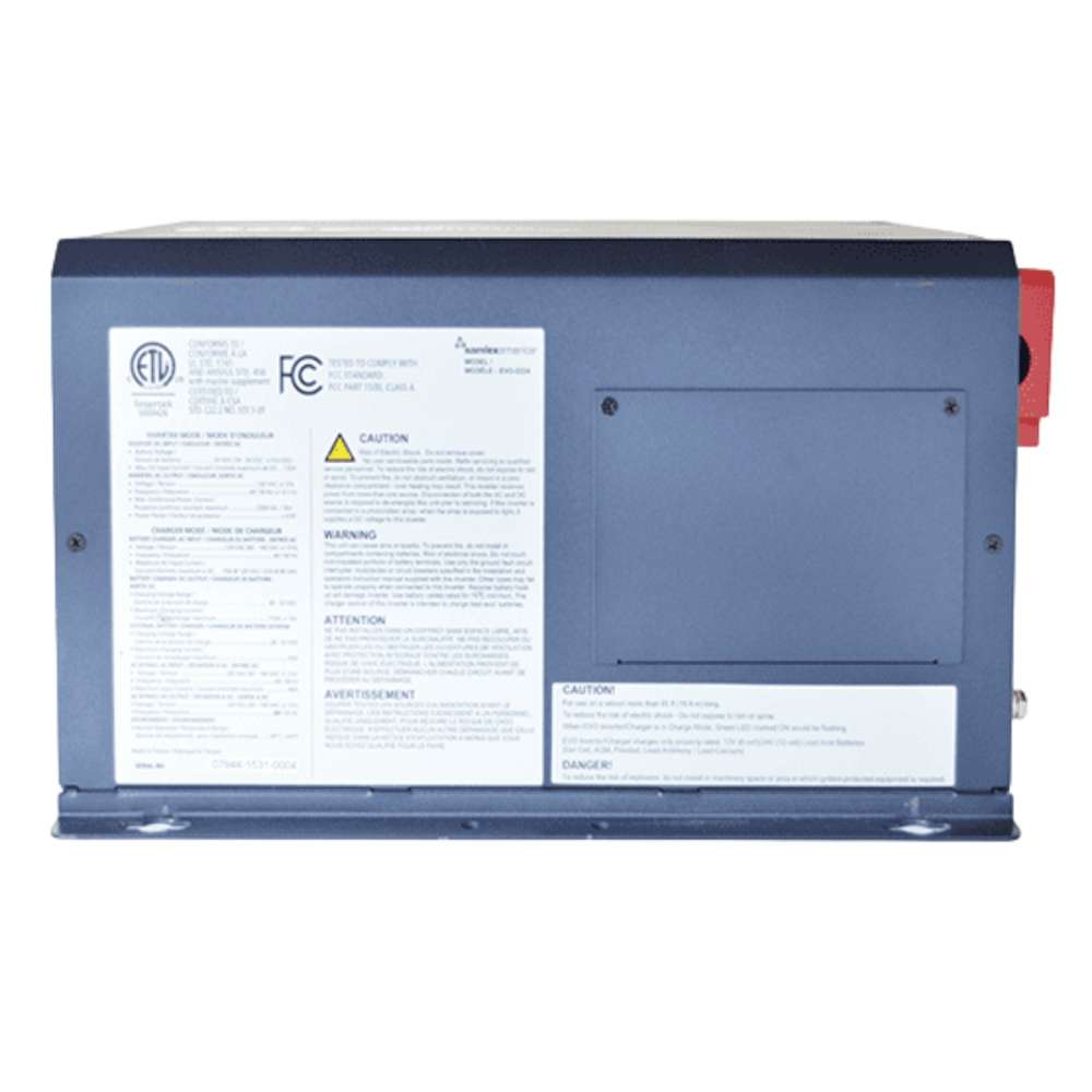 Rear view of the Samlex America Evolution Series EVO-2212E 2200 Watts 12VDC Pure Sine Inverter/Charger - Export Version showing safety labels and a flat metal surface