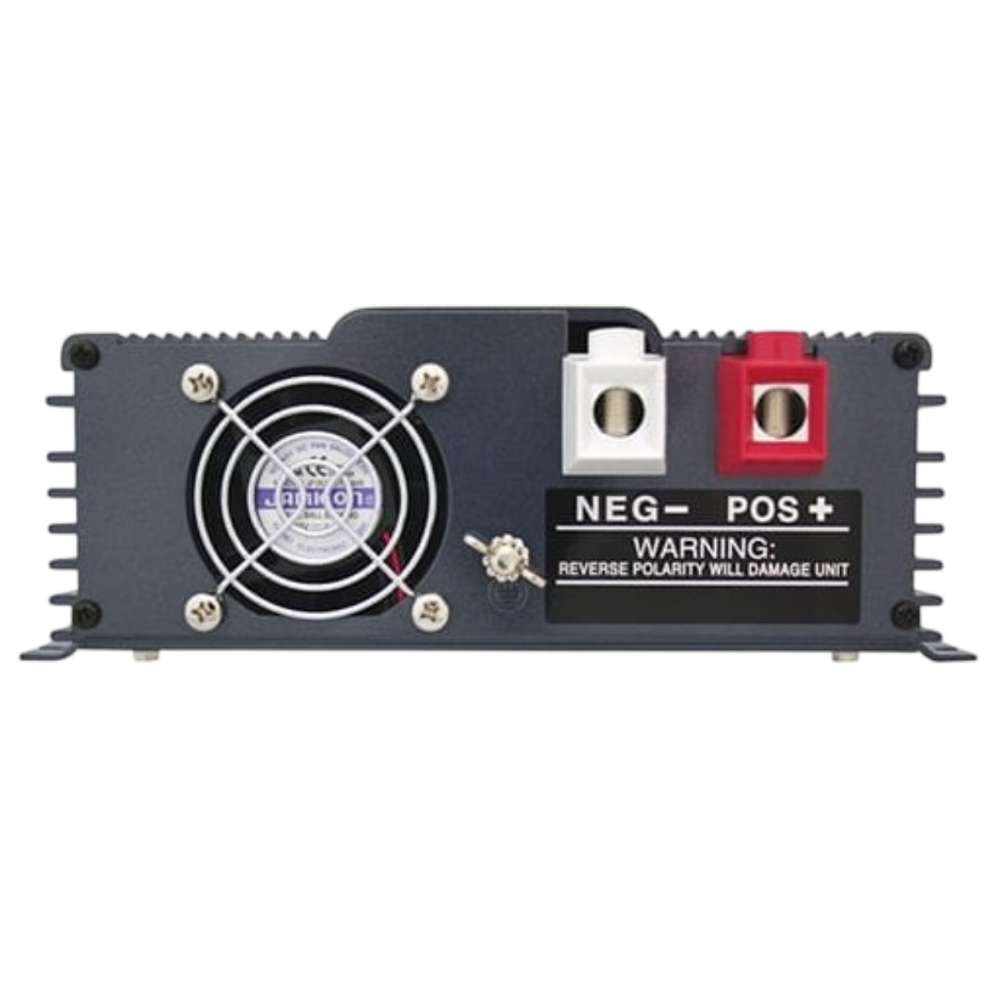 Rear view of the Samlex America PST Series PST-100S-24E 1000 Watts 24VDC Pure Sine Inverter - Export Version showing the cooling fan and red and white battery connection terminals