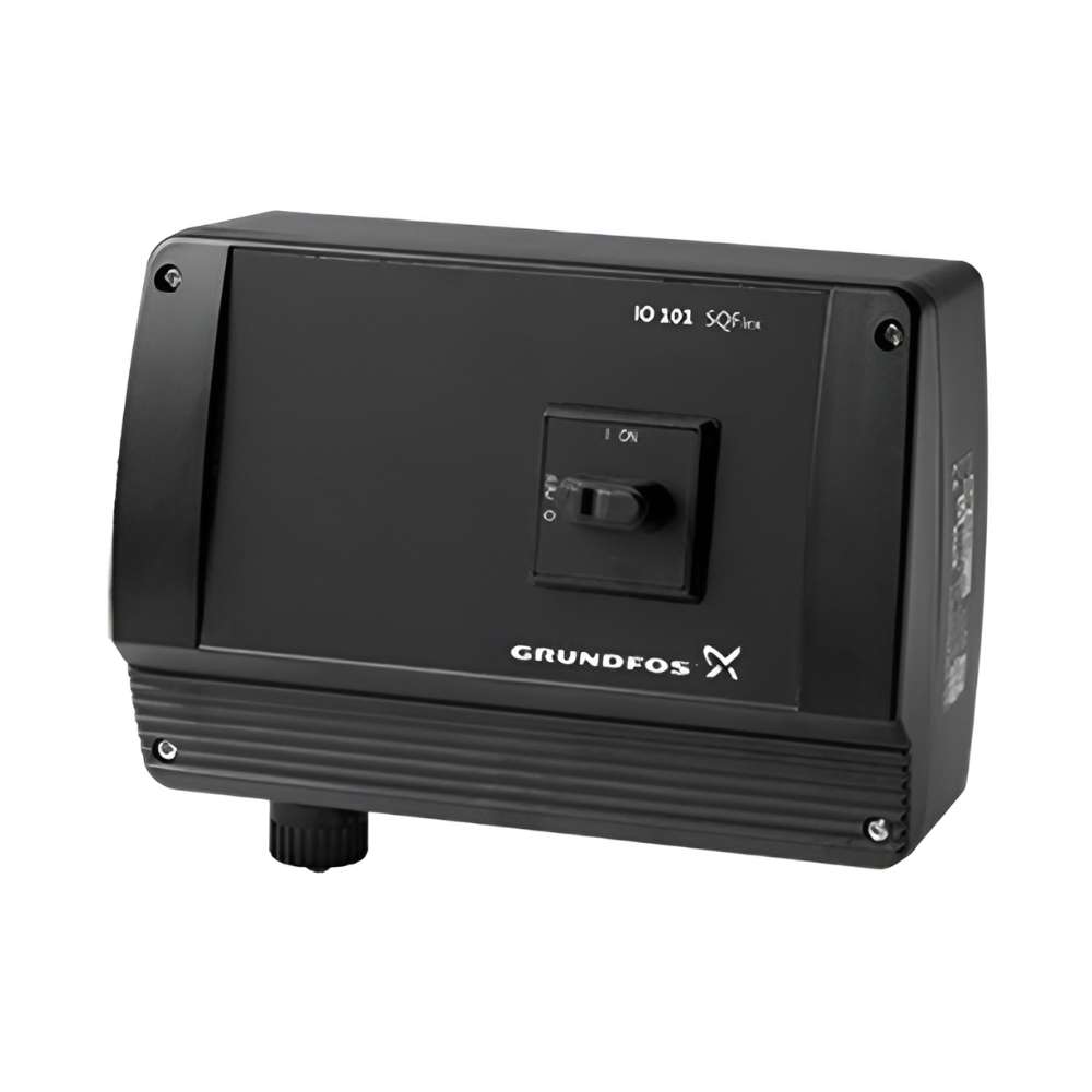 Rectangular black Grundfos IO101 SQFlex Switch Box with a simple on-off toggle switch in the center of its smooth front panel