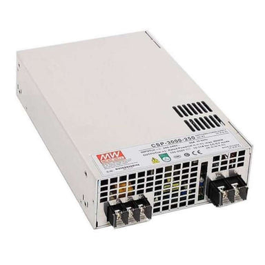 Rectangular metal power supply with vents and terminal connectors identified as the Mean Well CSP-3000 Series 3000W AC/DC Enclosed Power Supply