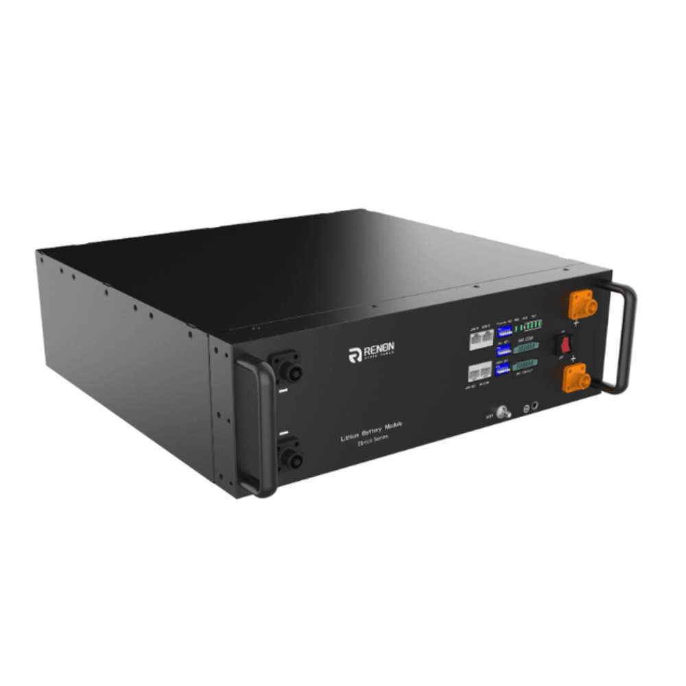 Renon Power EBrick Rack Series 5.12 kWh LiFePO4 Stackable Battery Module-EBRICKR5K is shown at an angle showing its smooth metal casing