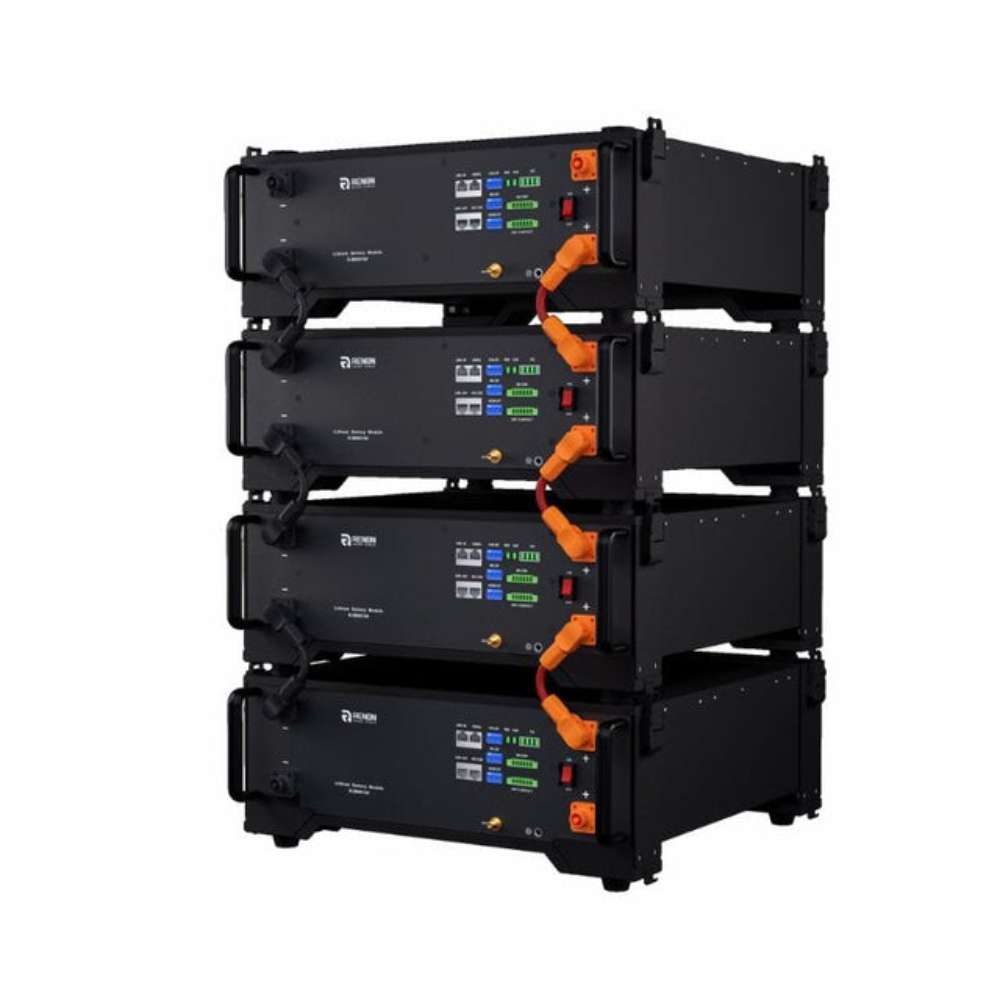 Renon Power EBrick Rack Series 5.12 kWh LiFePO4 Stackable Battery Module-EBRICKR5K is shown from an angle highlighting stacked units and front handles
