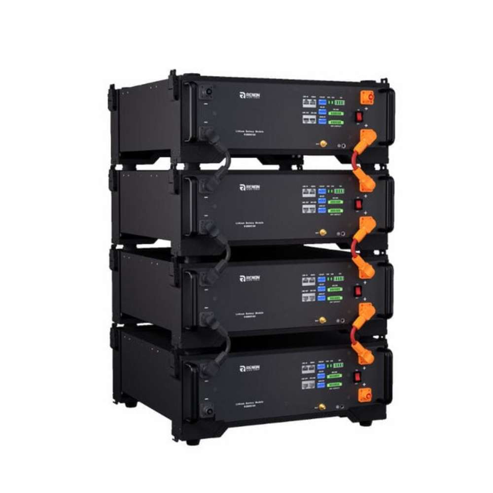 Renon Power EBrick Rack Series 5.12 kWh LiFePO4 Stackable Battery Module-EBRICKR5K is shown stacked vertically as a compact four-unit tower