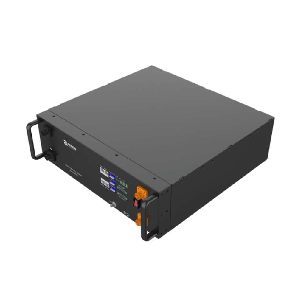 Renon Power EBrick Rack Series 5.12 kWh LiFePO4 Stackable Battery Module w/ Heat-EBRICKRH5K is pictured as a single unit at an angle, highlighting its flat top and front controls