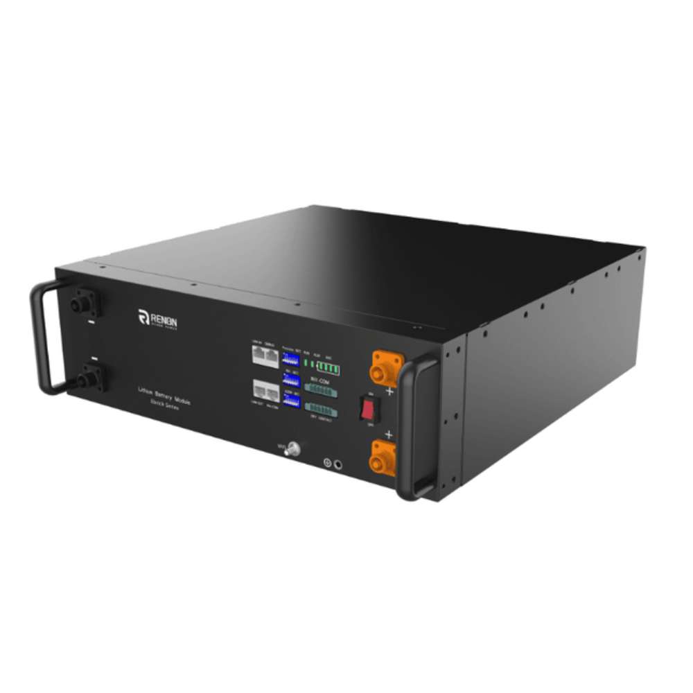Renon Power EBrick Series 5.12 kWh LiFePO4 Stackable Battery Module shown from an angled front view with visible control ports, status lights, and power connectors