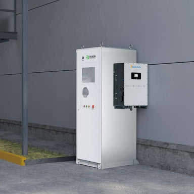 Renon Power ECube 60AP 61kWh Lithium Battery System-ECUBE61K is placed next to an exterior wall, emphasizing its compact footprint and attached power control box
