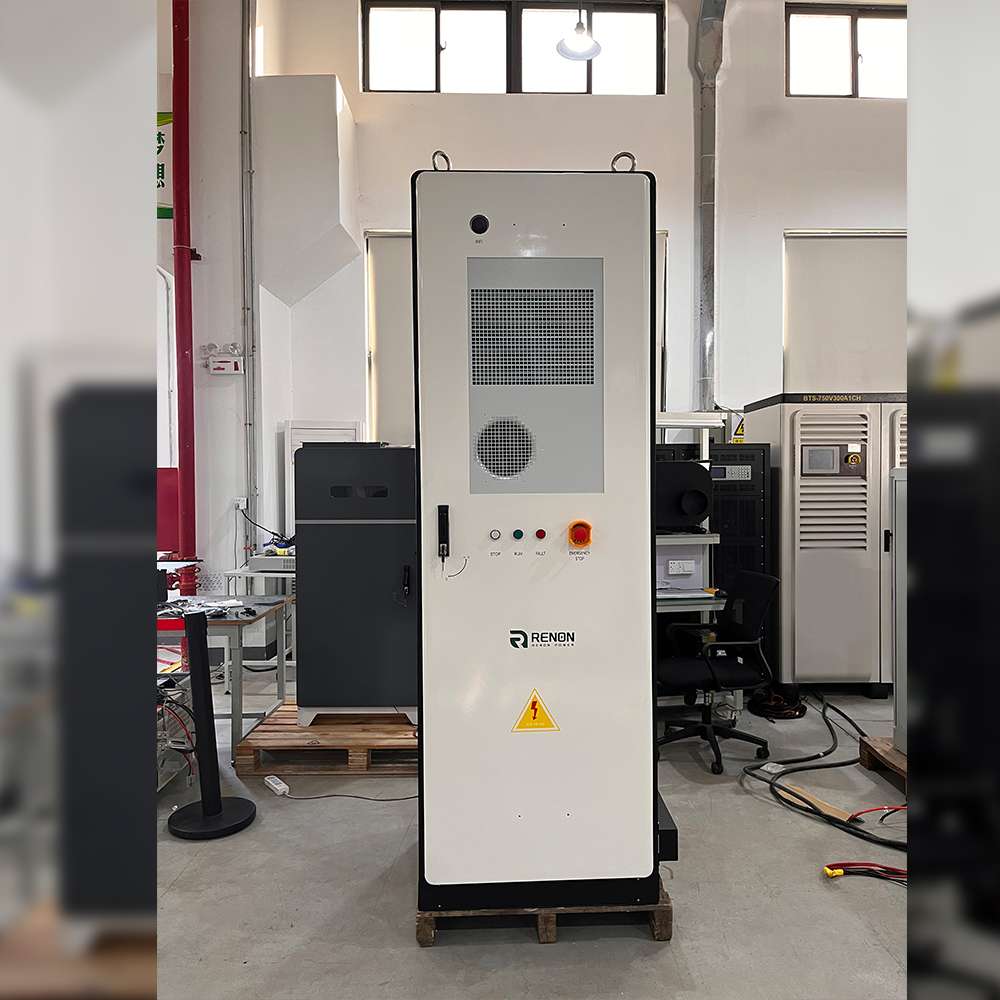 Renon Power ECube 60AP 61kWh Lithium Battery System-ECUBE61K is shown as a tall white industrial cabinet in a factory, with front ventilation grilles, control buttons, and a high-voltage warning symbol