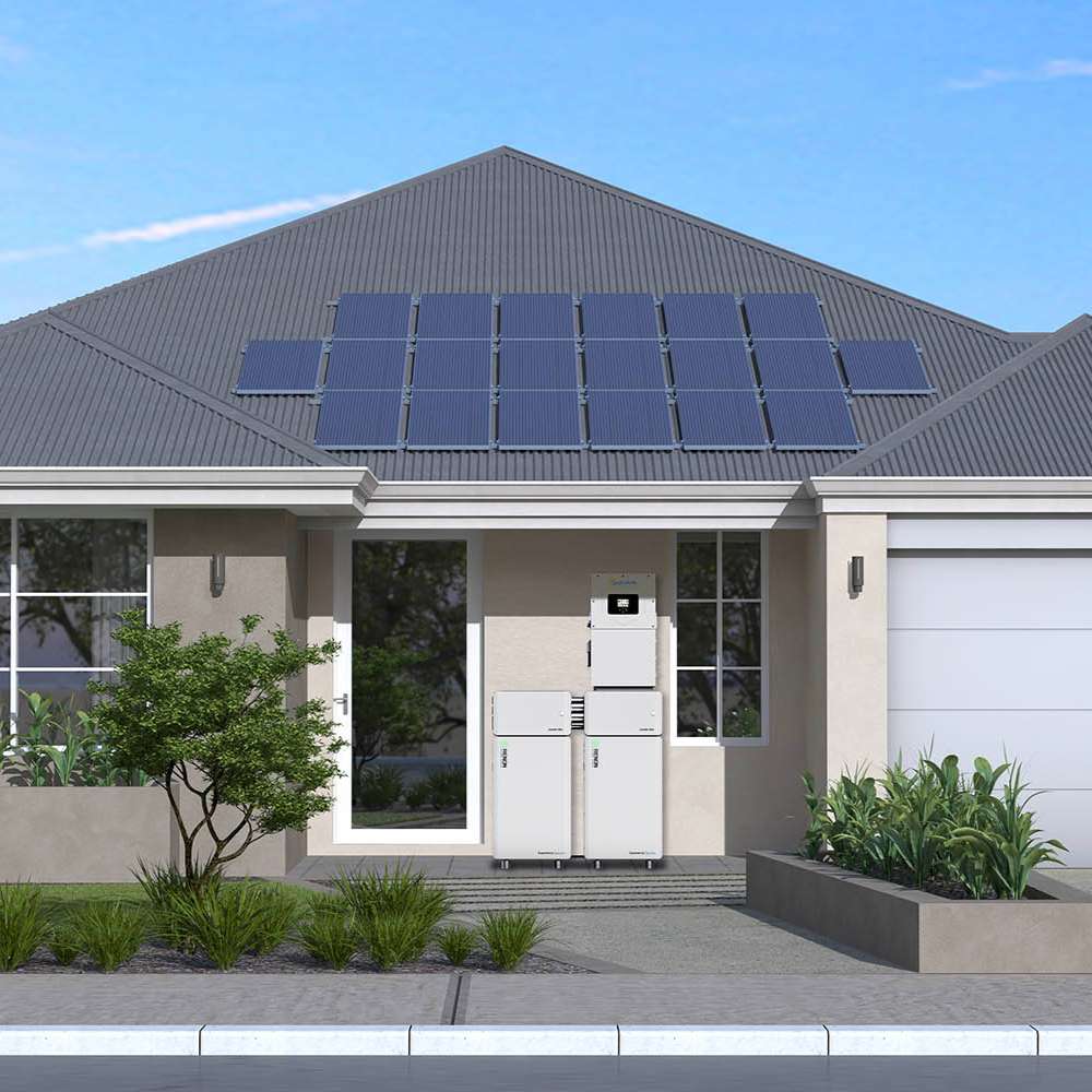 Renon Power Xcellent Plus 16kWh Wall-Mounted LV Battery System mounted on the exterior wall of a single-story house beneath a solar panel array