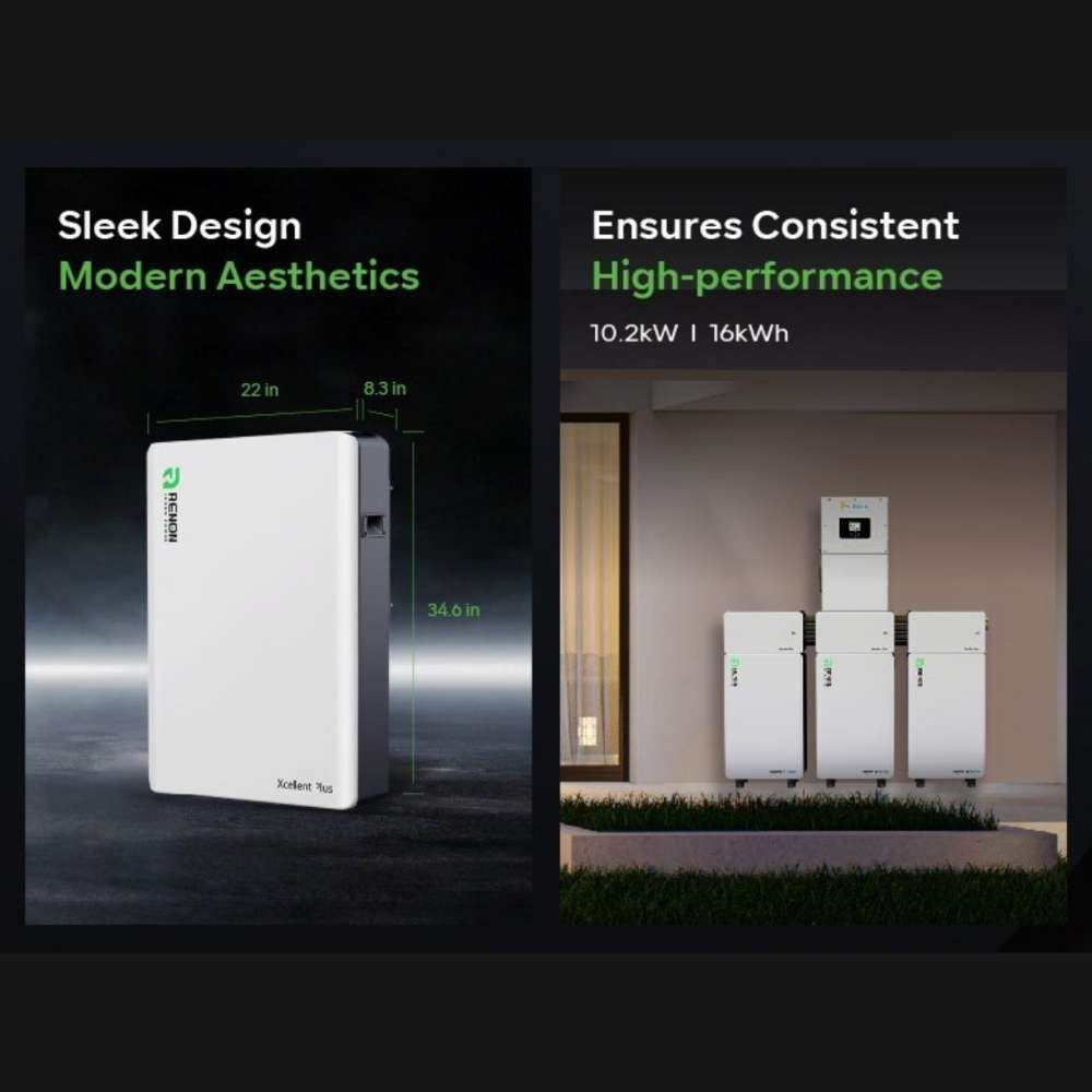 Renon Power Xcellent Plus 16kWh Wall-Mounted LV Battery System presented in a graphic highlighting its slim white design and compact wall-mounted size