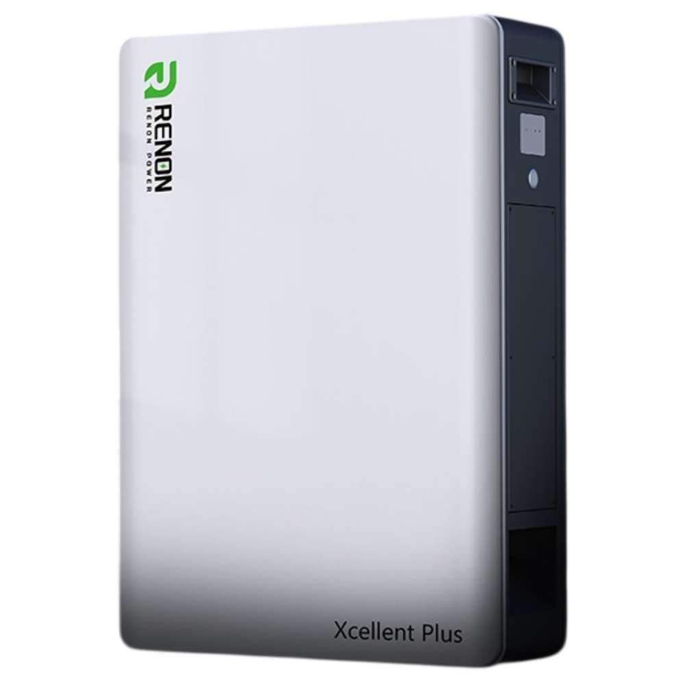 Renon Power Xcellent Plus 16kWh Wall-Mounted LV Battery System shown from an angled close-up revealing its smooth front panel and dark side control section
