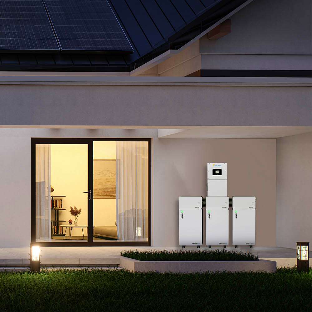 Renon Power Xcellent Plus 16kWh Wall-Mounted LV Battery System shown installed outside a modern home with rooftop solar panels