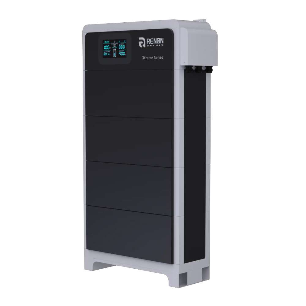 Renon Power Xtreme LV Series 5.12KWh Modular Residential Battery Module-XTREMELVS5K is shown from a side angle, highlighting its slim depth and front display screen