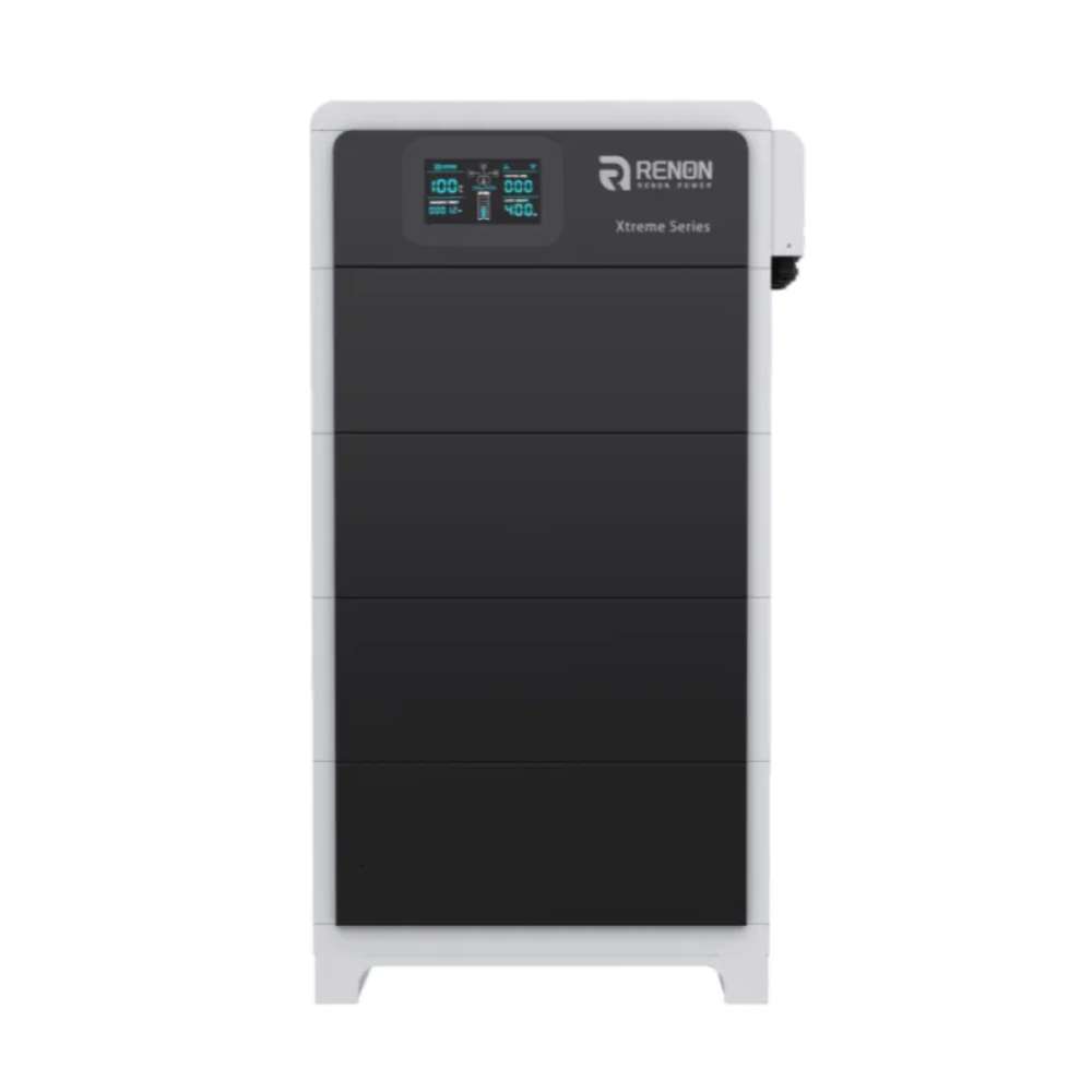 Renon Power Xtreme LV Series 5.12KWh Stackable Battery Module-XTREMELVBCU appears as a tall, rectangular battery unit with a front digital display on a plain white background