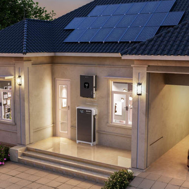 Renon Power Xtreme LV Series 5.12KWh Stackable Battery Module-XTREMELVBCU is shown installed outside a modern home beneath rooftop solar panels, connected to a wall-mounted inverter