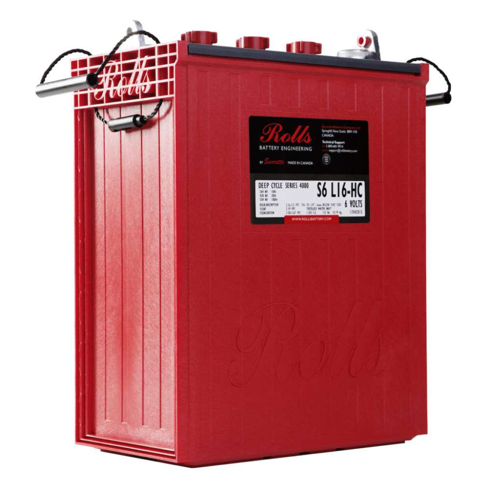 Rolls Battery S6 L16-HC 445Ah 6V Deep Cycle Battery appears as a tall red battery with a black label and lifting handles