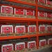Rolls Battery S6 L16-HC 445Ah 6V Deep Cycle Battery is shown stacked in large red crates on warehouse shelves