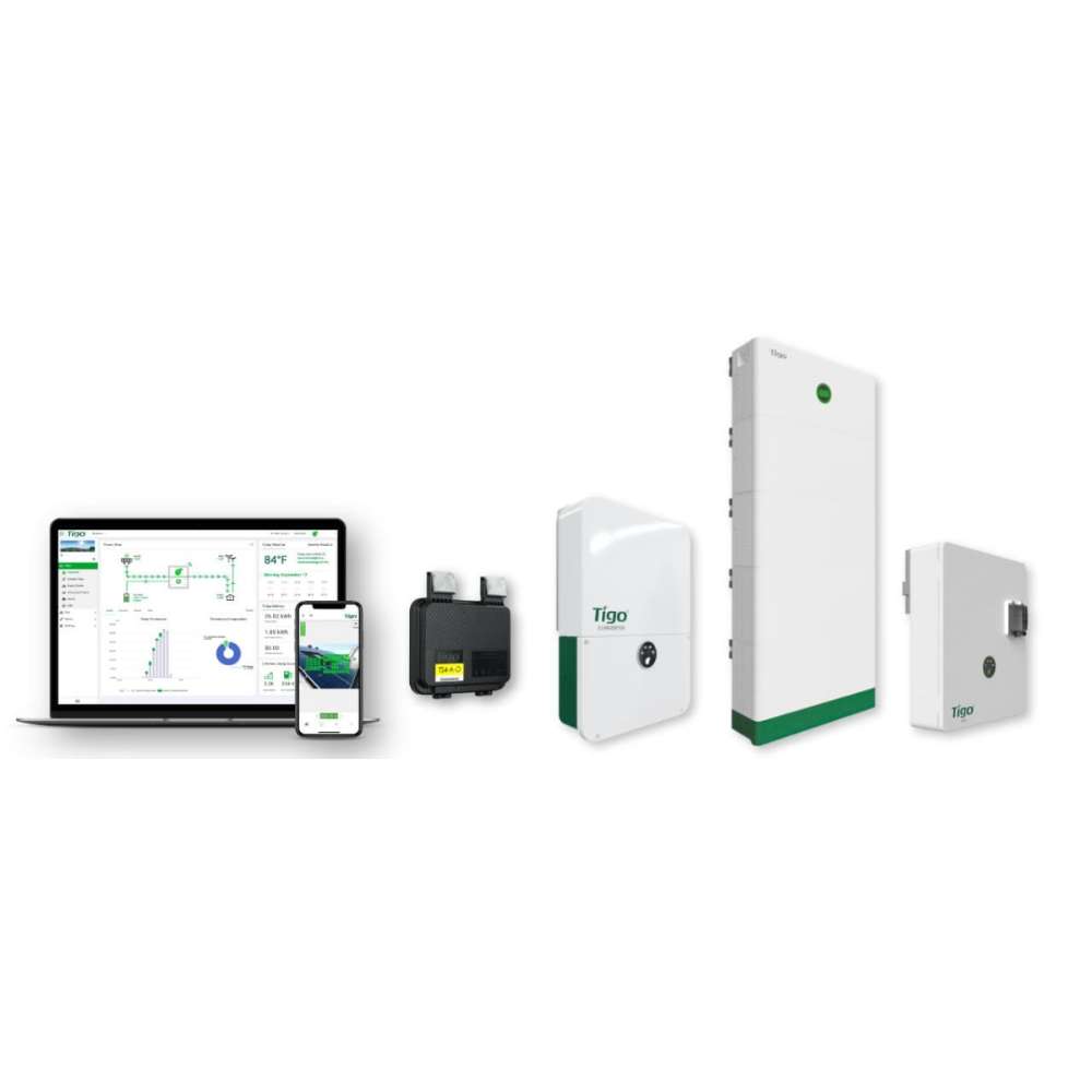 Row of Tigo energy devices and monitoring screens is displayed to show system components for the Tigo Energy 7.6kW Storage Hybrid InverterCharger-601-2107K6-0003