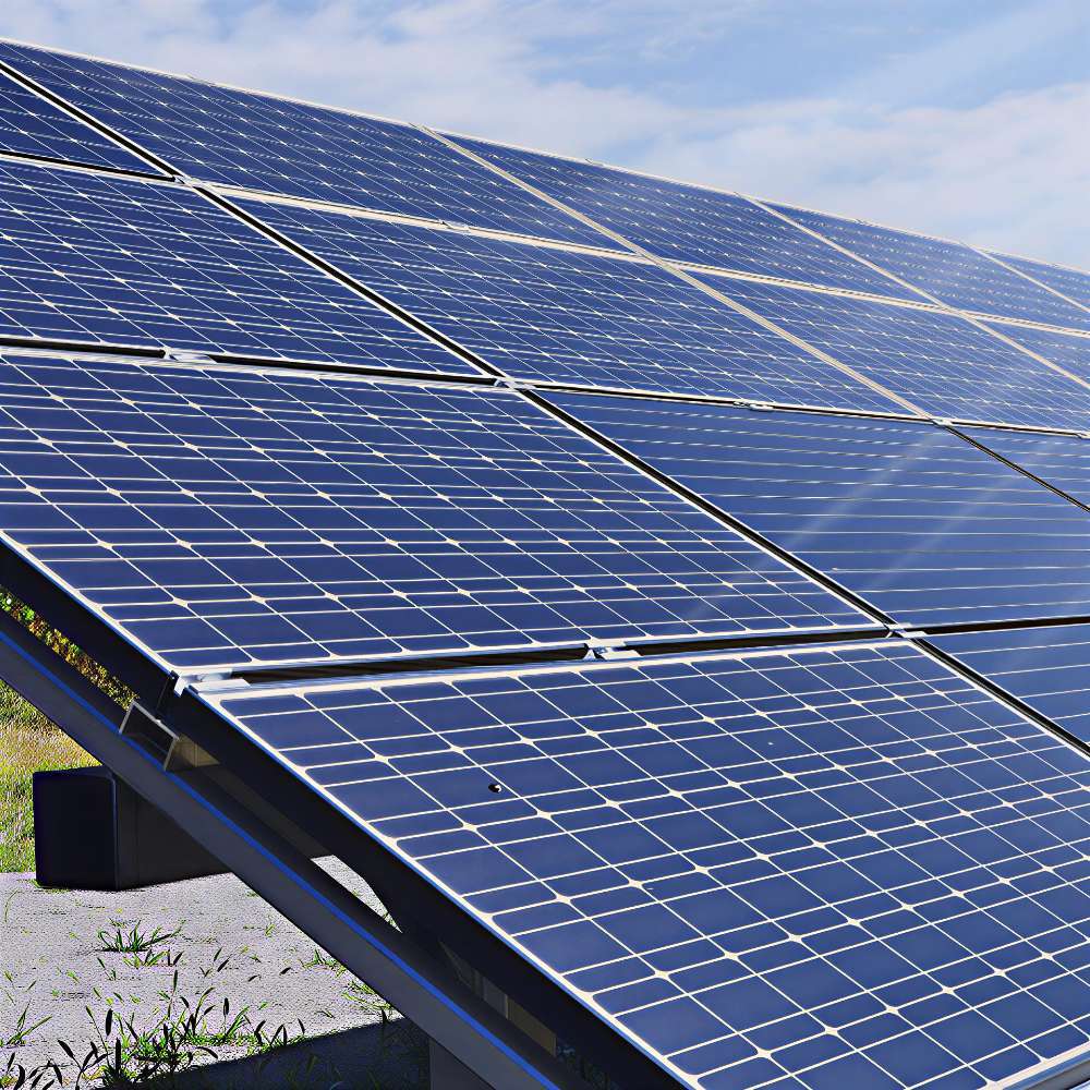 Rows of blue solar panels mounted outdoors in bright sunlight, hinting at an off-grid setup supported by a Magnum Energy MS-PE Series MS4348PE 4300W 48VDC Pure Sine Inverter Charger