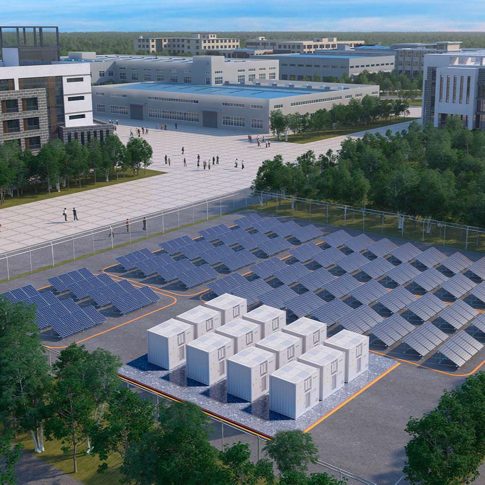 Rows of solar panels beside multiple battery containers illustrate the Renon Power Smart Matrix A 1672kWh Lithium Battery-MATRIXBATTERY1331K storing solar energy