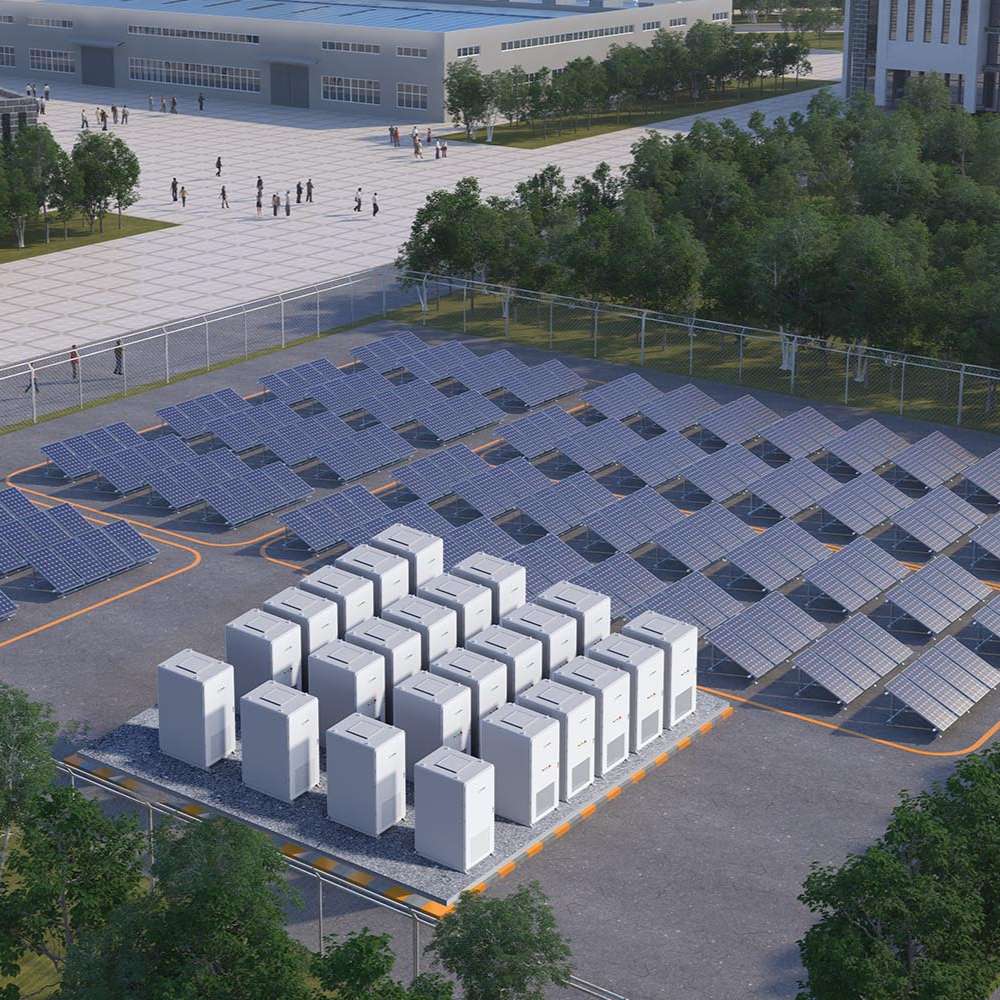 Rows of solar panels connect to grouped battery cabinets, illustrating renewable energy storage using the Renon Power MPack 233A 233kWh Liquid-Cooling Lithium Battery-MPACK233K