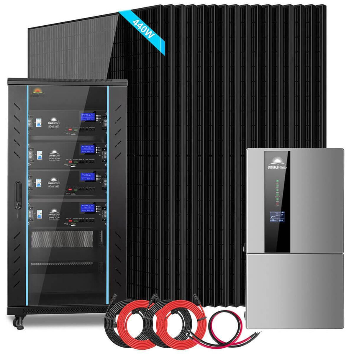 A hybrid solar kit including a black inverter, multiple blue solar panels, red and black cables, and a gray enclosed battery cabinet.