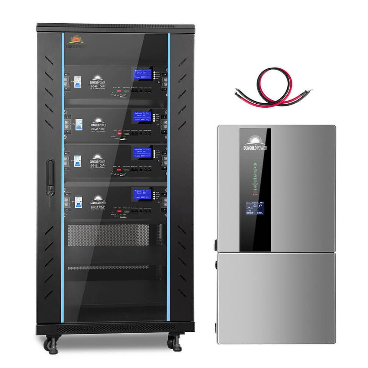 A hybrid solar kit including a black inverter, multiple blue solar panels, red and black cables, and a gray enclosed battery cabinet.
