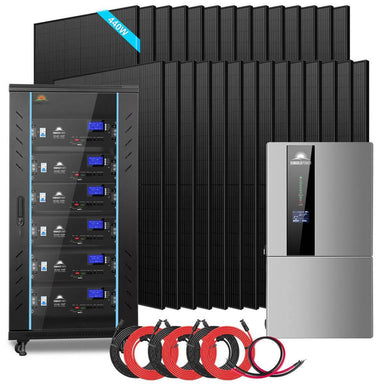 A hybrid solar kit including a solar inverter, multiple solar panels, battery cabinets, and solar extension cables.