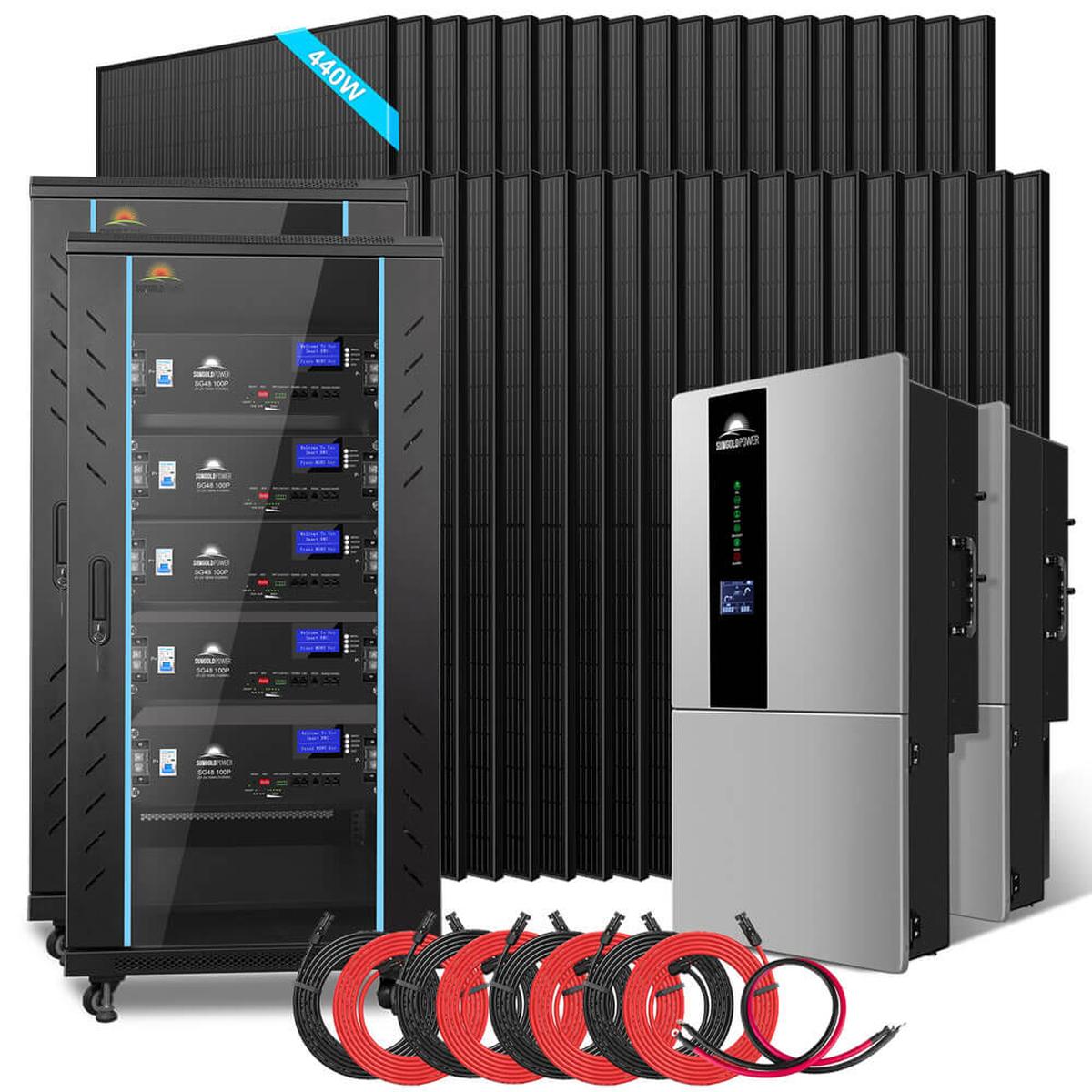 A hybrid solar kit including a black inverter, multiple blue solar panels, red and black cables, and a gray enclosed battery cabinet.