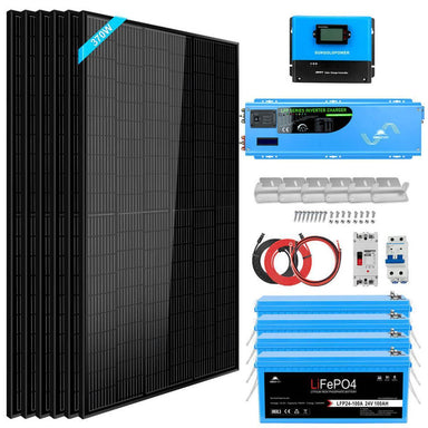 A blue 6000W 24V pure sine wave inverter charger with low frequency copper transformer, and AC input/output specifications detailed on the image.