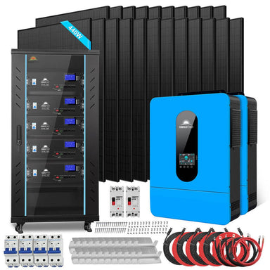 A blue power inverter with specifications listed: 10000W Max PV Array Power, 550V Max Open Circuit Voltage, and 140A Max Charge Current.