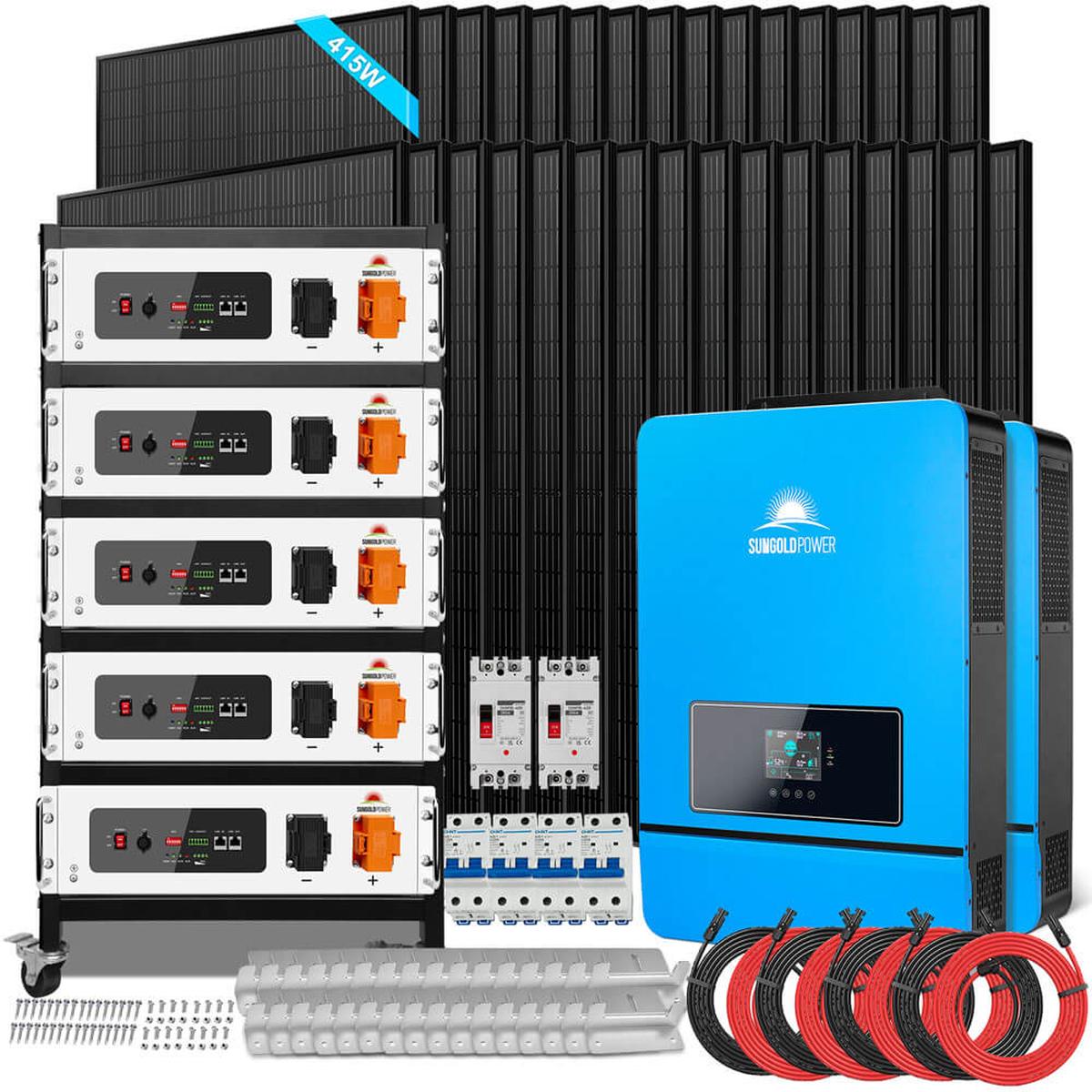 An off-grid solar kit including a blue inverter, multiple black solar panels, cables, and mounting equipment.