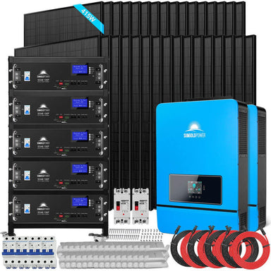 An off-grid solar kit including a blue inverter, multiple black solar panels, cables, and mounting equipment.