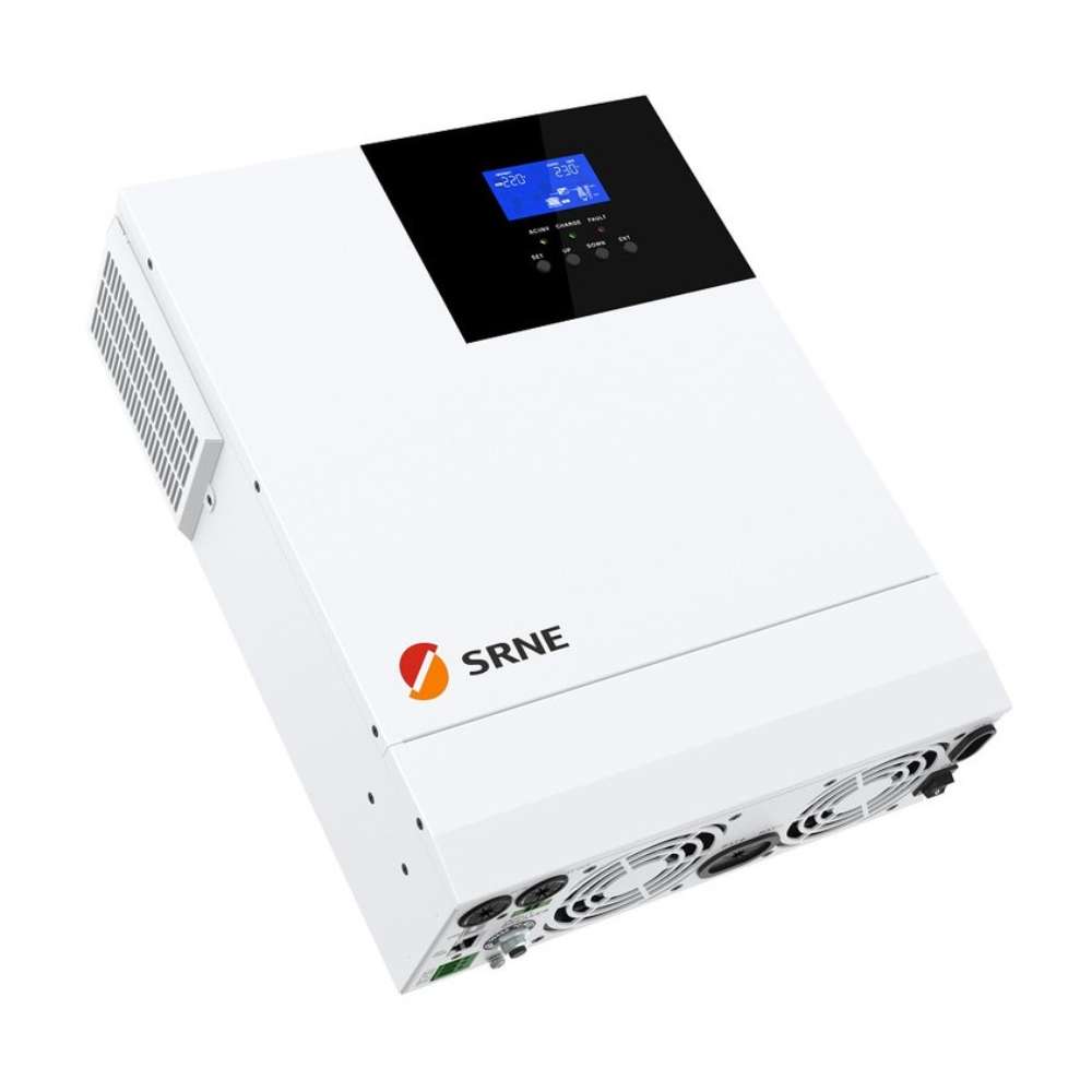 SRNE 5kW 48V Split Phase Off-Grid Solar Inverter/Charger-HF4850U80-H is shown lying flat with ports and screen visible