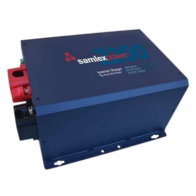 Samlex America Evolution Series EVO-2224E 2200 Watts 24VDC Pure Sine Inverter/Charger - Export Version is shown at an angle showing the metal body, base, and connectors