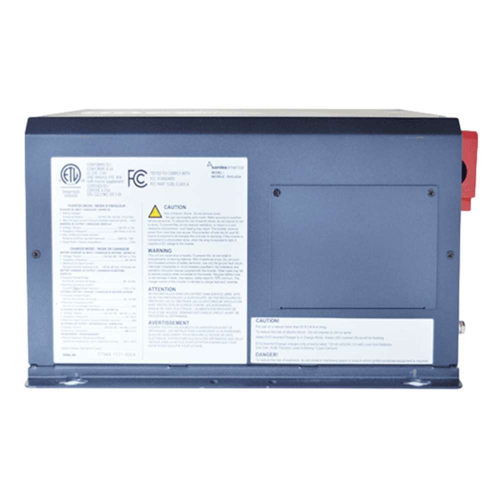 Samlex America Evolution Series EVO-2224E 2200 Watts 24VDC Pure Sine Inverter/Charger - Export Version is shown from the side with a smooth metal panel and mounting base