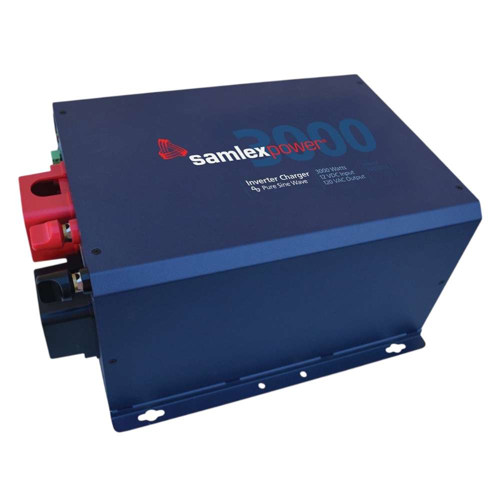 Samlex America Evolution Series EVO-3012 3000 Watts 12VDC Pure Sine Inverter/Charger is shown at an angle, highlighting the blue casing, mounting base, and battery terminals